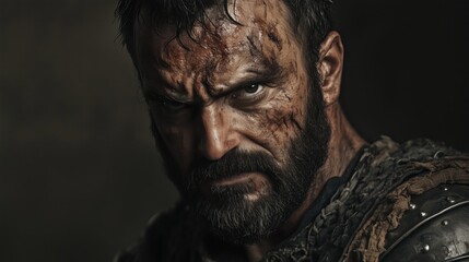 Rugged medieval warrior portrait with intense expression