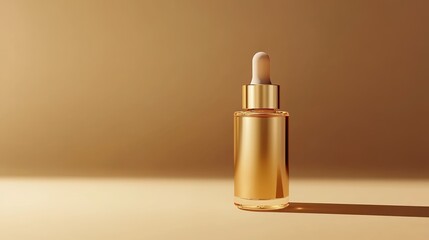 Naklejka premium Luxurious Gold Skincare Serum in Elegant Glass Bottle on Beige Surface