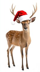 A charming deer adorned with festive antlers and a Santa hat stands gracefully against a pristine white backdrop