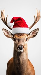 A festive deer with large antlers wearing a Santa hat against a pristine white background, celebrating the joy of the holiday season