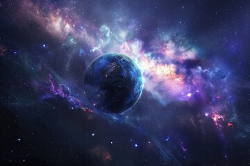 Naklejka premium Earth from Space with Glowing Nebula and Stars