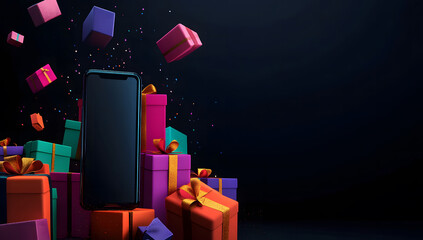 Smartphone Surrounded by Colorful Gift Boxes and Glitter Balls on Black Background