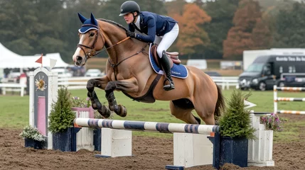 Fototapeten A female equestrian clears a jump on a chestnut horse during a show jumping competition. © AGUNG