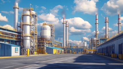 Obraz premium Industrial Zone with Oil Refinery Structures and Blue Sky