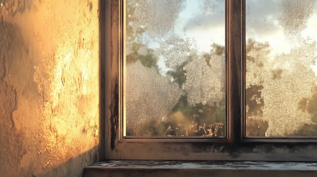 Moisture Causes Condensation on a Windowpane with Raindrops and Fog