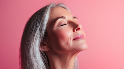 Fototapeta premium Mid-50s Woman with Closed Eyes Enjoying Peaceful Moment with Soft Smile