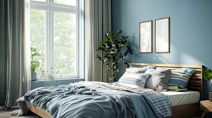Beautiful Colored Mockup Bedroom Interior Blank Poster Decoration Art Background Image, generative AI