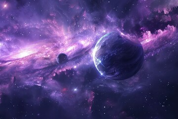 Purple Nebula with Two Planets