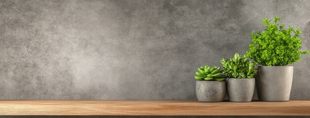 A serene display of succulents in modern pots against a textured concrete wall, bathed in soft natural light