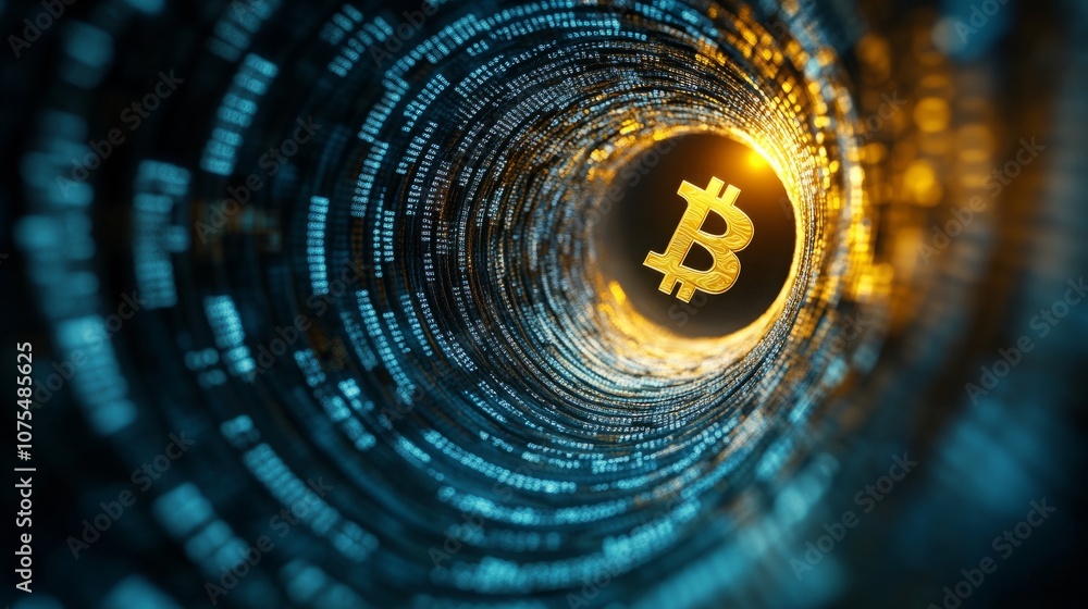 Poster a 3d rendering of a golden bitcoin symbol emerging from a tunnel of swirling digital code. the image