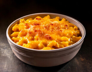 crust topped baked macaroni and cheese, white bowl with dark background