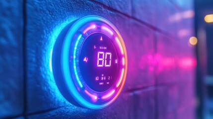 A futuristic digital thermostat displaying 80 degrees on a brick wall.