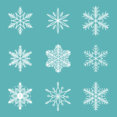 Fototapeta premium Unique snowflakes set, detailed hand drawn flat vector line illustration. Graphic outline drawing. Christmas and New Year symbol. Beautiful snowflake silhouette icon for frosty winter designs.