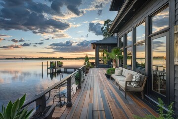 Beautiful lake front home with modern outdoor furniture on the deck overlooking calm waters of a serene lakeside at sunset. Scandinavian farmhouse style interior design of boathouse in athlete's farm