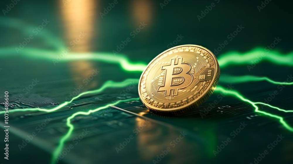 Poster a single bitcoin coin rests on a circuit board with green electrical lines running through it, creat