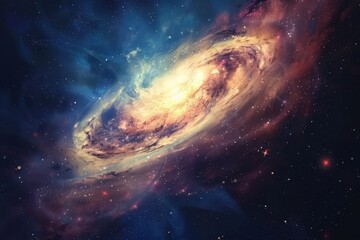 Obraz premium Vibrant swirling spiral galaxy with glowing center and dust clouds in deep space.