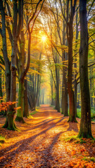 Fototapeta premium Tranquil Forest Path Covered with Fallen Leaves and Dappled Sunlight Filtering Through the Trees, Creating a Serene and Peaceful Woodland Scene