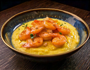 shrimp and cheese grits in blue bowl on wooden table, dark background
