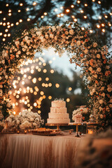 wedding arch with flowers, cake on blurred fireworks background 