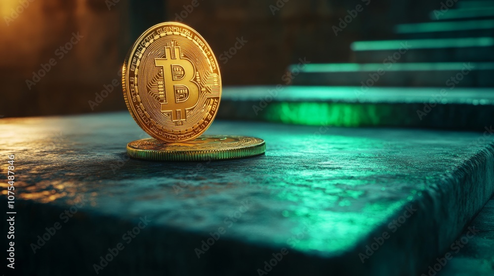 Poster a single gold bitcoin coin sits on a textured, dark green surface. it's illuminated by a soft, warm 