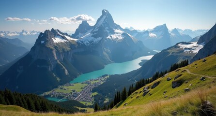 Mount Pilatus, Lucerne, Switzerland, jagged mountain peaks with alpine landscape under blue sky. Captured with Nikon D850, showcasing scenic beauty of Swiss Alps.