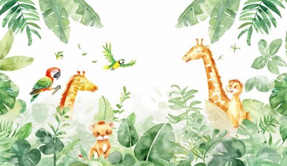 Watercolor frame with tropical leaves and animals. Giraffe, birds, butterflies, tropical flowers. Background with place for text. Floral frame for the design of invitations, cards