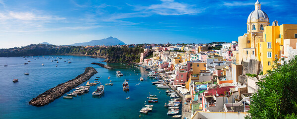 Italy travel and landmarks. Most scenic and colorful island - beautiful Procida in gulf of Naples....