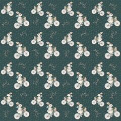 Pattern design featuring vintage bicycles decorated with flowers on a dark green background
