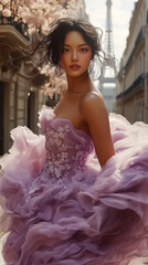 Elegant model in a lavender gown poses against the iconic Eiffel Tower, perfect for fashion advertising, wall art, or spring-themed designs.