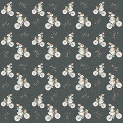 Decorative pattern featuring bicycles with plants and whimsical elements on a dark background