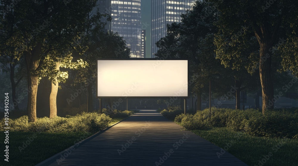 Aufkleber a large blank billboard stands illuminated along a park pathway at night, surrounded by lush greener