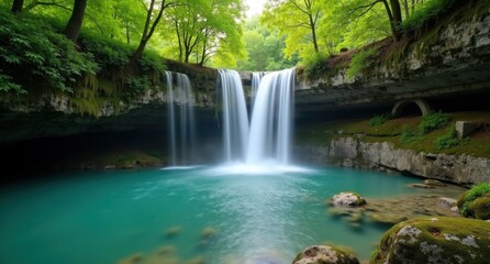 Plitvice Waterfalls, Croatia, cascading waterfalls with turquoise pools surrounded by lush forest. Captured with Nikon D850, highlighting serene natural beauty in vivid detail.