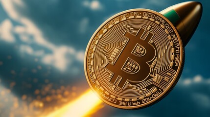 A golden Bitcoin coin is depicted as a rocket, soaring through the sky with a trail of fire behind it, symbolizing the cryptocurrency's rapid rise in value.
