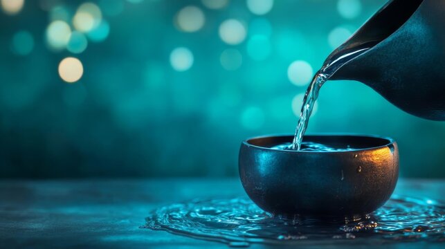 Aquarius pouring water with ethereal light, peaceful and flowing