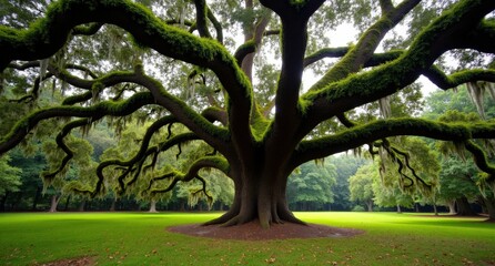Obraz premium Angel Oak Tree, Charleston, South Carolina, USA, sprawling ancient oak with twisted branches in lush greenery. Captured with Nikon D850, showcasing mystical beauty of old growth.