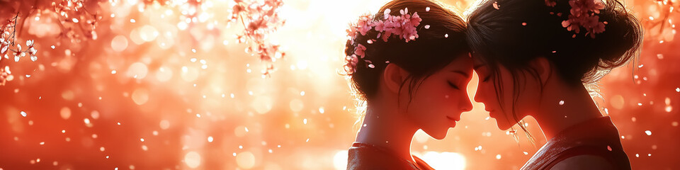 Intimate moment between two women surrounded by cherry blossoms, perfect for wall art, posters, and warm-themed decoration inspired by Japanese culture.
