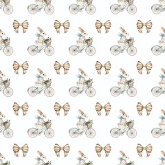 Whimsical pattern featuring bicycles and butterflies in soft pastel colors on a light background