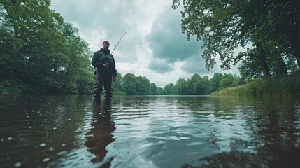 A lone fisherman stands in a river, casting his line under a cloudy sky.