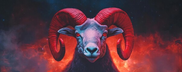 Aries ram with fiery red horns, bold and intense, cosmic background