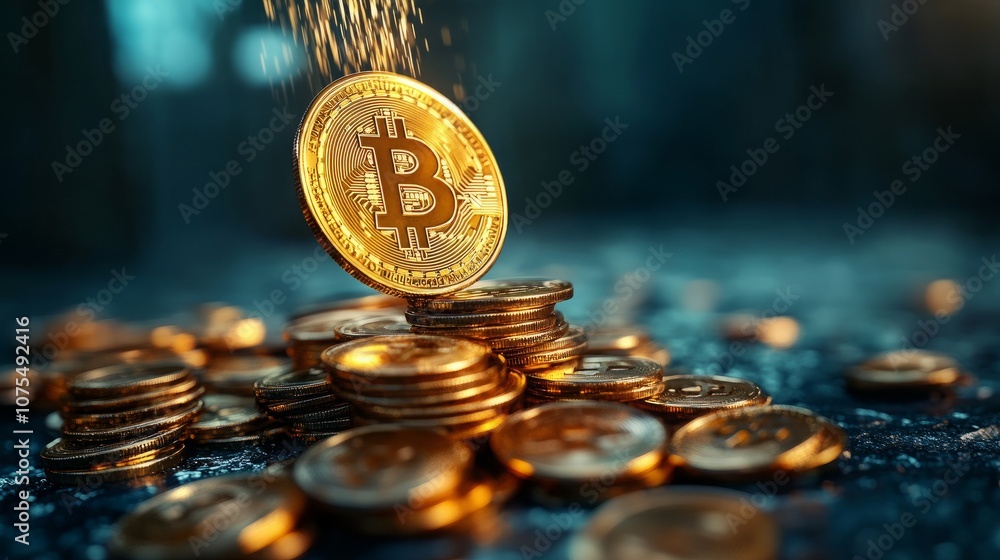 Poster a single bitcoin coin falls onto a stack of other bitcoins, creating a stunning display of wealth an