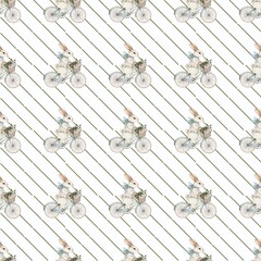 Pattern of bicycles with flowers against a white background in a playful design