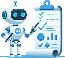 A robot with AI symbol holding data charts and documents points to a checklist on a scroll. Ideal for technology, artificial intelligence, data analysis, automation, and innovation. Simple vector art 