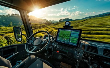 Naklejka premium Agricultural technology electric tractor with digital display in farm