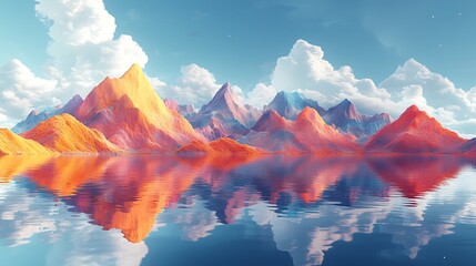 Vibrant, colorful mountains reflected in still water, with white clouds against a clear blue sky.