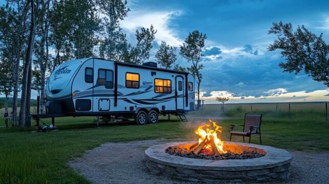 Campfire Serenity: A travel trailer nestled in a serene meadow, bathed in the warm glow of a crackling fire, under a vast twilight sky.  