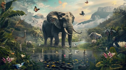 Majestic Elephants by Serene Lake Amidst Lush Forest and Majestic Mountains Digital Artwork