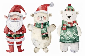 Fototapeta premium Watercolor christmas characters with santa, polar bear, elf in festive attire
