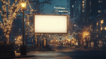 The quiet urban street is beautifully illuminated by twinkling lights, with a large empty billboard standing prominently. It captures a tranquil moment on a cool evening, inviting creativity.