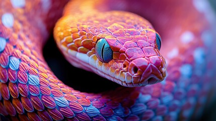 Fototapeta premium Colorful snake coiled gracefully against a vibrant background in natural light