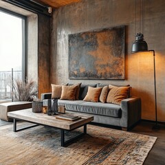 Minimalist, loft interior design of modern living room with earthy tones, featuring a terra cotta sectional sofa, black coffee table, and a textured wall art piece.